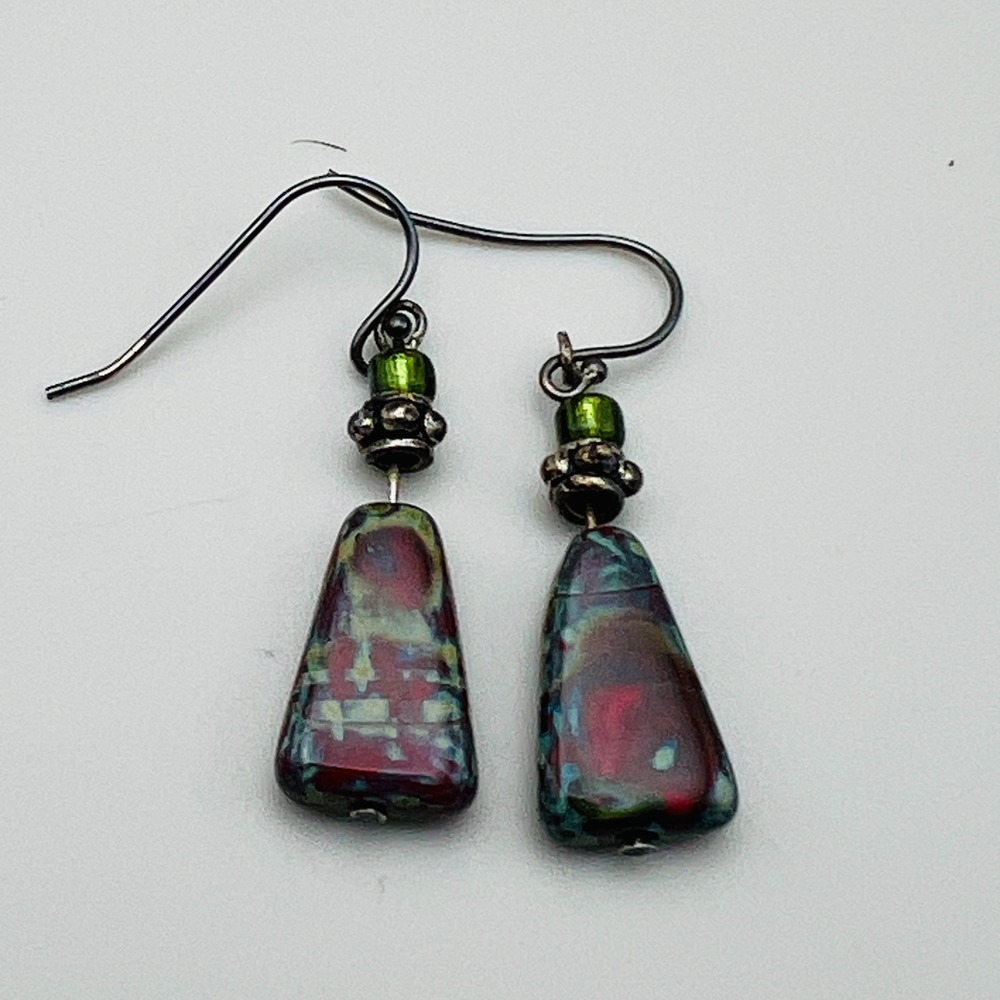 Dangle Earrings Iridescent Glass Drop Black Pink Green Artisan Boho Abstract - Picture 7 of 7